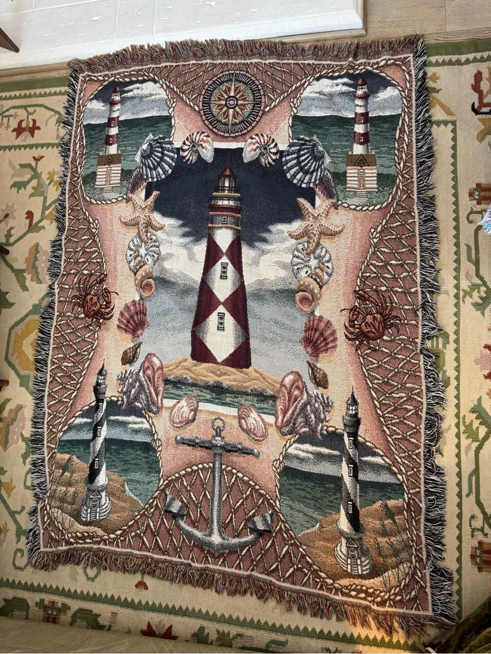 Vintage Lighthouse Tapestry Throw Blanket - Navy, Coral, Cream